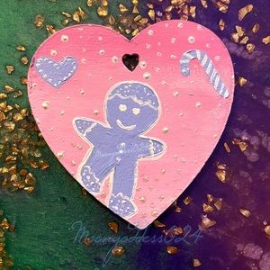 🍬Pastel Gingerbread 🍭Candy Cane Hearts Hand Painted Christmas Heart Ornament🍬